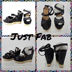 JustFab metallic black canvas cross strap platform wedges braided buckle. Sz 9